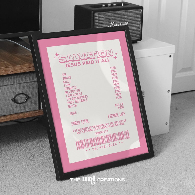 Salvation receipt printable Christian wall art with pastel pink text and border on white background. This Retro Christian wall art is a digital download product and inspired by the design layout of a receipt.
