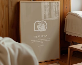 Arte mural imprimible de Pascua "Él ha resucitado", arte mural cristiano neutro, impresión del versículo bíblico Mateo 28:6, decoración minimalista de Pascua con escritura bíblica para el hogar