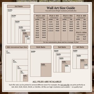 This photo show the different ratios and sizes of the Printable Wall Art:
2x3, 3x4, 4x5, 11x14in, ISO A1, A2, A3, A4