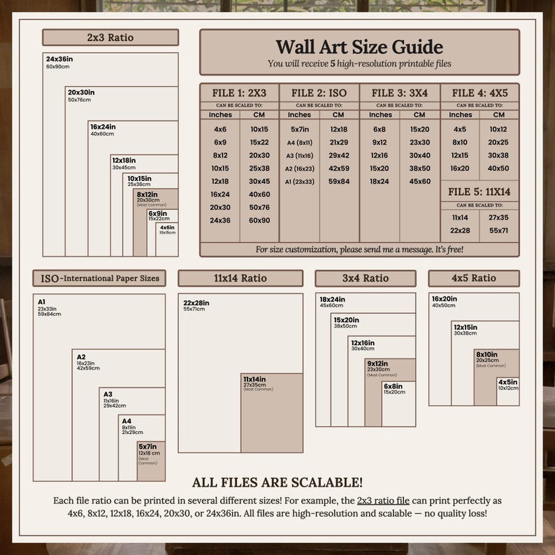This photo show the different ratios and sizes of the Printable Wall Art:
2x3, 3x4, 4x5, 11x14in, ISO A1, A2, A3, A4