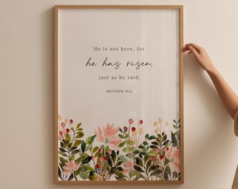 He Has Risen Christian Printable Wall Art, Easter Bible Verse Wall Art, Matthew 28:6 Digital Download, Floral Prints, Christian Home Decor