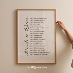 May include: A black and white printable wall art print with the text "Proverbs 37 Woman" and a poem about the qualities of a virtuous woman.