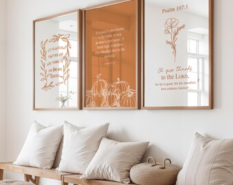 Fall Christian Wall Art Bundle Set of 3 Minimalist Bible Verse Poster Printable Autumn Scripture Wall Art Pumpkin Print Thanksgiving Decor