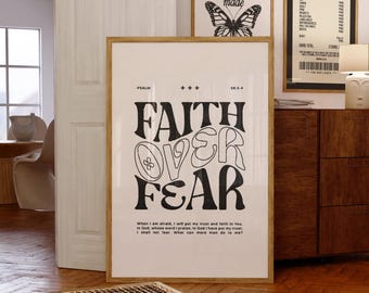 Black White Christian Wall Art, Minimalist Faith Over Fear Prints, Trendy Bible Verse Poster, Aesthetic Retro Room Decor, Digital Download