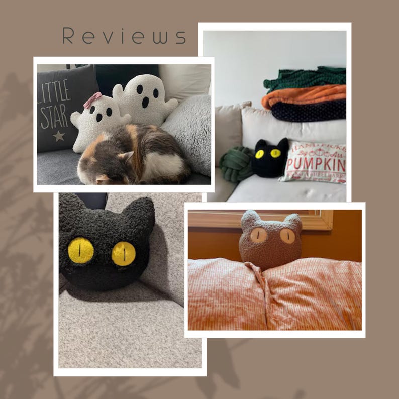 May include: A collection of decorative pillows including two white ghost-shaped pillows, a black cat-shaped pillow with yellow eyes, and a brown cat-shaped pillow. One pillow features the text "LITTLE STAR" and another reads "HAND PICKED PUMPKIN".