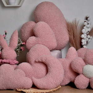 Pink Boucle Pillows | Pink Heart | Pink Moon, Stars and Clouds Bunny Pillows | Pink Decor | Decorative Pillows |