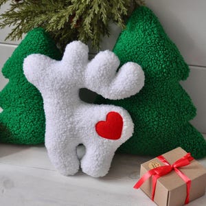Cojín navideño de reno - Decoración navideña para el hogar / Idea de regalo navideño / Cojín navideño / Cojín decorativo de invierno / Decoración navideña para el hogar / Blanco