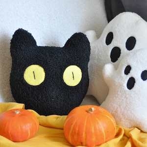 Oreiller de chat noir - Décoration d'Halloween | Jouet pour chat | Coussin en peluche pour chat | Oreiller Sherpa pour chat | Oreillers d'automne d'Halloween drôles, effrayants et confortables |