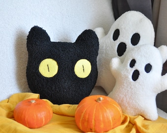 Black Cat Pillow - Halloween Decor | Cat Toy | Plush Cat Cushion | Sherpa Cat Pillow | Funny, Spooky, Cozy Halloween Fall Pillows |