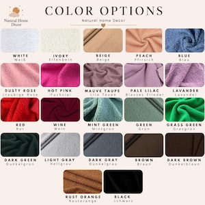 May include: A color chart titled COLOR OPTIONS by Natural Home Decor displaying twenty-two swatches of textured fabric in various shades including white, ivory, beige, peach, blue, dusty rose, hot pink, mauve taupe, pale lilac, lavender, red, wine, mint green, green, grass green, dark green, light gray, dark gray, brown, dark brown, rust orange, and black.