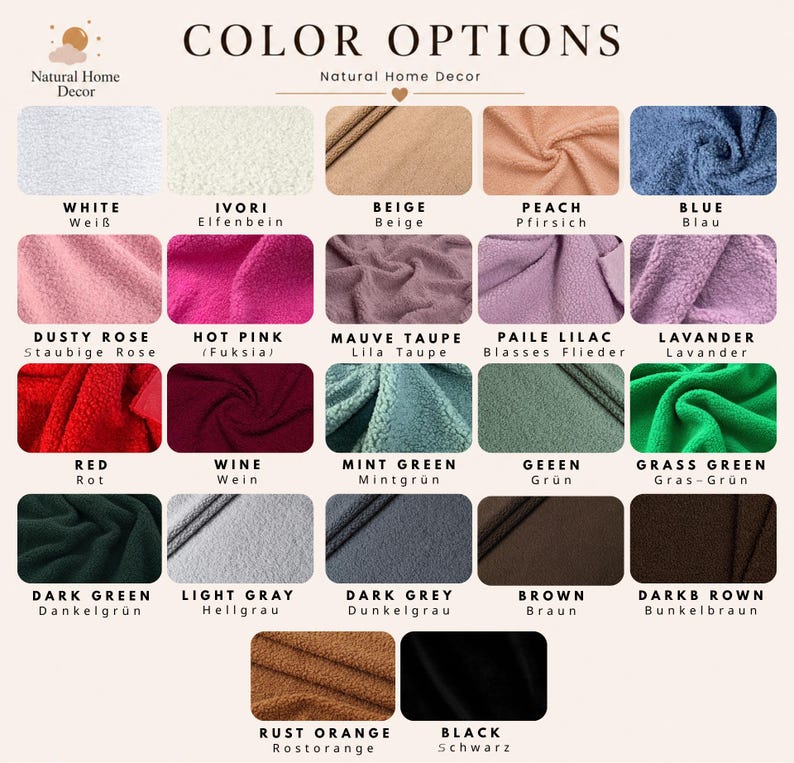 K&ouml;nnte beinhalten: Eine Farbkarte mit dem Titel COLOR OPTIONS von Natural Home Decor, die zweiundzwanzig Stoffmuster in verschiedenen Farbt&ouml;nen zeigt, darunter Wei&szlig;, Elfenbein, Beige, Pfirsich, Blau, Altrosa, Pink, Mauve-Taupe, Flieder, Lavendel, Rot, Weinrot, Mintgr&uuml;n, Gr&uuml;n, Grasgr&uuml;n, Dunkelgr&uuml;n, Hellgrau, Dunkelgrau, Braun, Dunkelbraun, Rostorange und Schwarz.