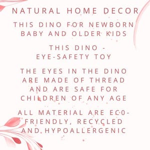 May include: A white graphic with pink floral accents containing the text: NATURAL HOME DECOR, THIS DINO FOR NEWBORN BABY AND OLDER KIDS, THIS DINO - EYE-SAFETY TOY, THE EYES IN THE DINO ARE MADE OF THREAD AND ARE SAFE FOR CHILDREN OF ANY AGE.