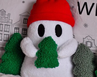 Spöke med julgranskudde med röd hatt – Juldekoration | Kusligt julspöke | Plyschspökekudde | Julklapp |