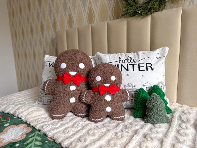 Gingerbread Man Christmas Pillow - Christmas Decor | Cookie Pillow | Soft Holiday Cushion | Gingerbread Doll with Bow Tie | Christmas Gift | image 3
