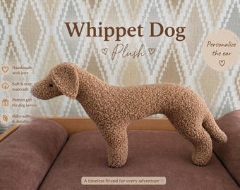 Plyschhund med namn på örat | Whippethund | Hundkudde | Personlig hundleksak | Minnesskudde för husdjur | Minimalistisk handgjord valpgåva |