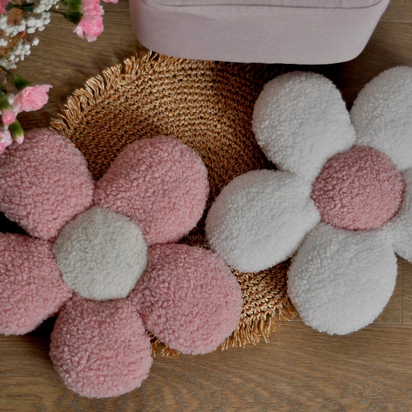 Daisy Flower Shaped Cushion | Flower Teddy Boucle Throw Pillows | Daisy Spring Nursery Decor | Soft Decorative Pillow | Cute Kids Pillow |