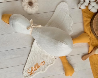 Handmade Goose with Personalized Name on Wing | Muslin Goose Toy | Baby Shower Gift | Soft Goose | Sleep Toys | Plush Goose| Goose for Baby