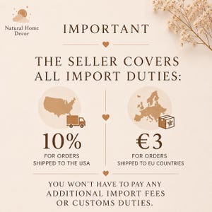 K&ouml;nnte beinhalten: Eine informative Grafik auf beigem Hintergrund mit dem Text IMPORTANT, THE SELLER COVERS ALL IMPORT DUTIES, 10% FOR ORDERS SHIPPED TO THE USA, &euro;3 FOR ORDERS SHIPPED TO EU COUNTRIES und YOU WON'T HAVE TO PAY ANY ADDITIONAL IMPORT FEES OR CUSTOMS DUTIES.