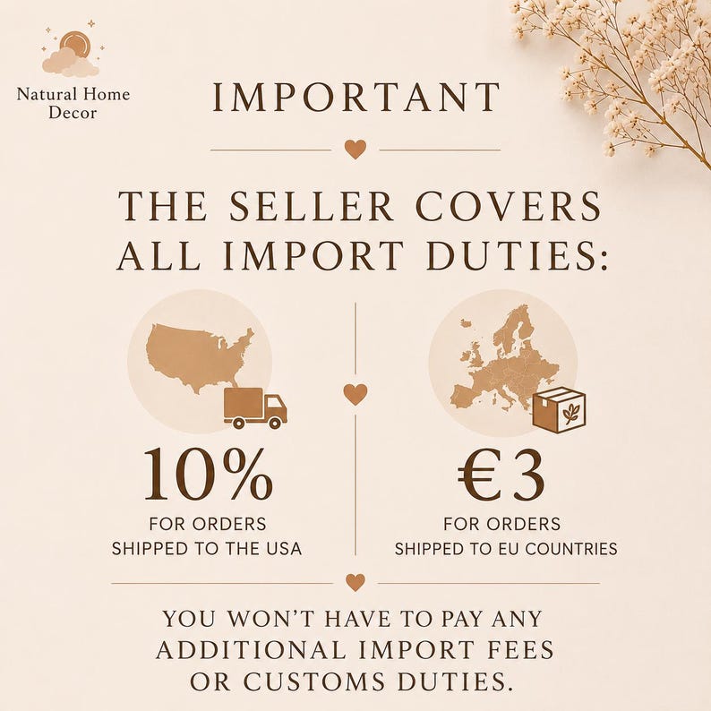 K&ouml;nnte beinhalten: Eine informative Grafik auf beigem Hintergrund mit dem Text IMPORTANT, THE SELLER COVERS ALL IMPORT DUTIES, 10% FOR ORDERS SHIPPED TO THE USA, &euro;3 FOR ORDERS SHIPPED TO EU COUNTRIES und YOU WON'T HAVE TO PAY ANY ADDITIONAL IMPORT FEES OR CUSTOMS DUTIES.