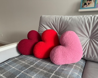 Red Heart Pillow in 24 Colors - Romantic Decor | Teddy Boucle Decorative Pillow | Bed and Sofa Pillow | Romantic Gift |