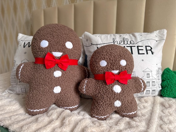 Gingerbread Man Christmas Pillow - Christmas Decor | Cookie Pillow | Soft Holiday Cushion | Gingerbread Doll with Bow Tie | Christmas Gift |