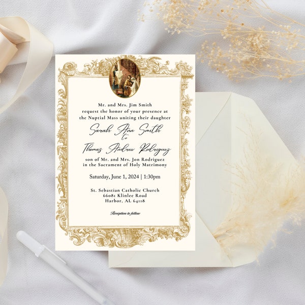 Printable Catholic Wedding Invitation, Mary and Joseph, Digital Download, Antique and Formal, Vertical, Beige and Gold