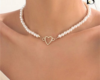 Collier Choker Cœur et Perles pour Femme - Accessoire de Mode Chic, Idéal pour Soirée et Quotidien, Bijou Romantique et Tendance 2024