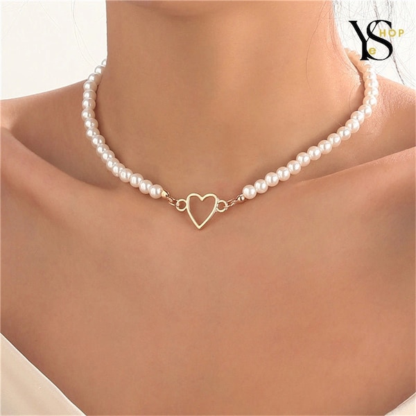Heart and Pearl Choker Necklace for Women - Chic Fashion Accessory, Ideal for Evening and Everyday Wear, Romantic and Trendy Jewelry 2024