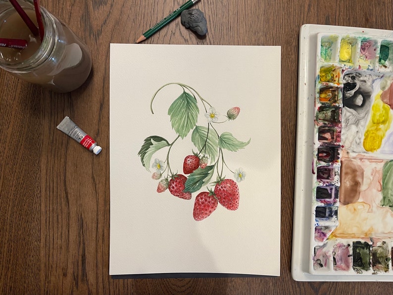 Watercolor Painting Print With Strawberries and White Flowers Wall Art ...