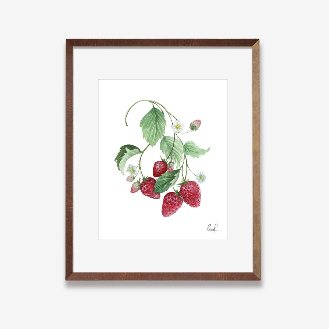 Watercolor Painting Print With Strawberries and White Flowers Wall Art ...