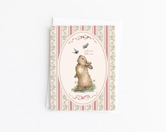 Welcome Little One Card | Woodland Bunny and Butterflies New Baby Card | Girl Baby Shower | Newborn Congratulations
