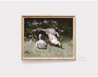 White Ducks Landscape Watercolor Art Print | Vintage Style Geese Art Nursery Decor Ducks | Ducks and White Flowers | Cottagecore Duck Art
