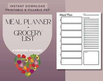 Meal Prep Planner & Grocery List Bundle: 4 Versions (Printable + Fillable PDF)
