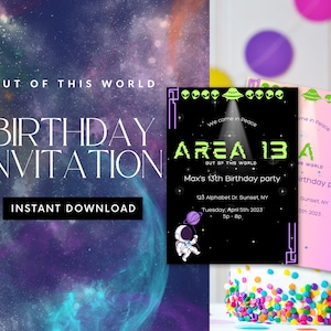 Peut inclure: Une invitation d'anniversaire imprimable sur le thème de l'espace. L'invitation présente un fond noir avec du texte vert qui dit "Area 13 Out of this World" et un vaisseau spatial de dessin animé. Le texte comprend également "Max's 13th Birthday Party" ainsi que la date et l'heure de la fête.