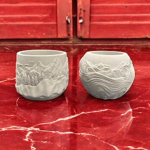 May include: Two gray, textured ceramic planters with mountain and forest relief designs. One is cylindrical, the other is spherical. The planters sit on a red, marble-like surface, with a red wooden door in the background.
