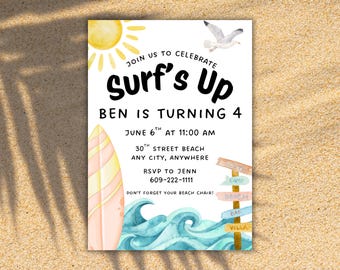 Bewerkbare Surf's Up-sjabloon voor verjaardagsuitnodiging (digitale download)