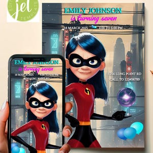 Modelo de convite de aniversário editável Violet Incredibles