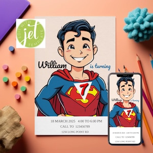 Superhero Boy birthday editable invitation card