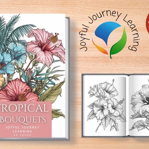 Tropical Botanical Bouquets, Instant Download, Adults and kids Coloring Books, Instant Download, Grayscale Coloring Page, Printable PDF