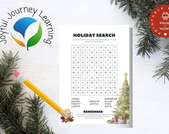 Recherche de mots pour les fêtes, jeu de Noël amusant, jeu de Noël à imprimer, jeu de Noël en famille, feuille de travail de Noël, jeu à imprimer à la maison