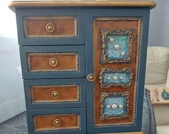 Baroque jewelry cabinet-chest, miniature replica of large cabinet, hand painted with Elm Burl inserts