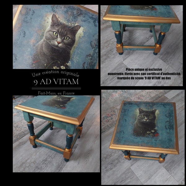 Luxueuse Table d'Appoint  'Le Chat Gris', réalisée à la main sur bois massif. Produit exclusif, numéroté avec certificat d'authenticité.