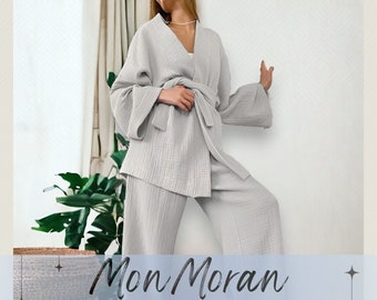 Luxus Kimono Baumwolle Pyjama Set | Musselin Robe und Hose Pyjamas | Nachtbekleidung | Nachthemd Loungewear Set | Top und Bottom Nachtwäsche