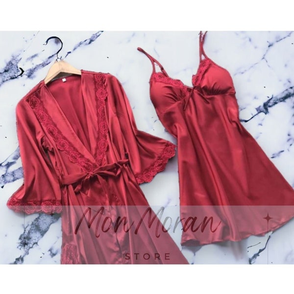 Sexy Women's Pajamas Set | Satin Home Pyjamas Lace Robe and Sleep Suit | Wedding Nightwear Lingerie | Silk Nightgown Sleepwear |Gift for Her