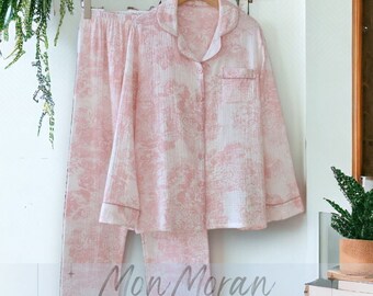 Ink Print Women's Pajama Set | Natural Motive Cotton Pyjamas | Nighttime Clothing | Floral Loungewear Set| Linen Cottagecore Pajamas Pyjamas