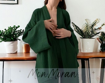 Luxury Kimono Cotton Pyjama Set | Muslin Robe and Trouser Pajamas | Nighttime Clothing | Nightgown Loungewear Set | Top and Bottom Sleepwear