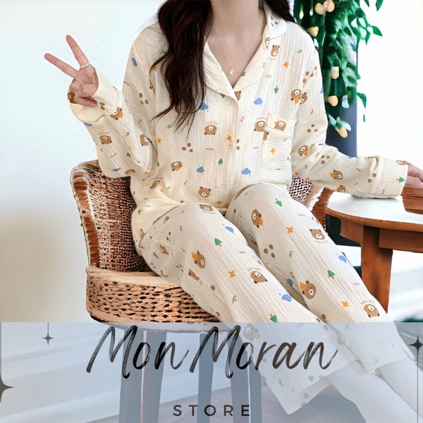 Ensemble de pyjama pour femme à imprimé ours | Pyjama 100 % coton à motif mignon | Vêtements de nuit | Ensemble fin de détente | Pyjama Cottagecore | Pyjama en lin