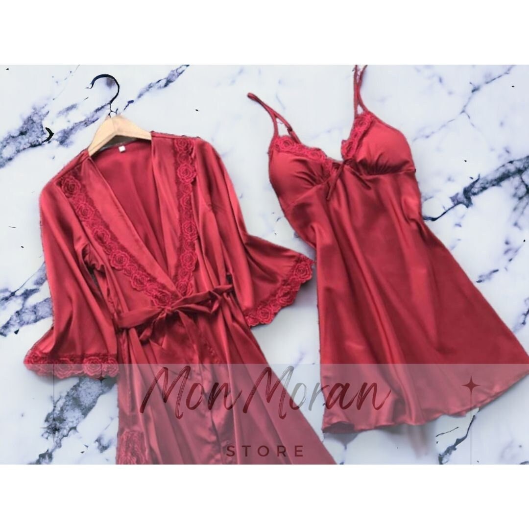 Sexy V-Neck With Pad Embroidery Nightgown Robe Set - Power Day Sale