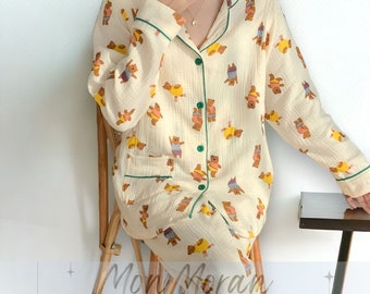 Cute Comfy Women's Pajama Set | Flower Motive Cotton Pyjamas | Nighttime Clothing | Floral Loungewear Set Linen Cottagecore Pajamas