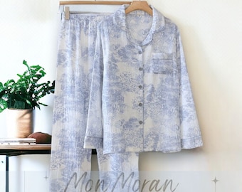 Ink Print Damen Pyjama Set | Pyjama mit Naturmotiv | Nachtwäsche | Blumen Loungewear Set | Leinen Cottagecore Pyjamas Pyjamas